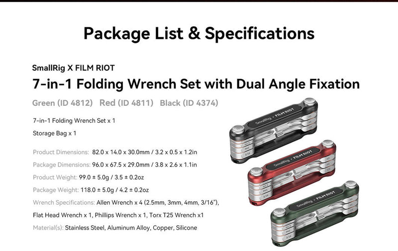 SMALLRIG 4811 X FILM RIOT 7-IN-1 FOLDING WRENCH SET WITH MULTIPLE ANGLE POSITIONING RED