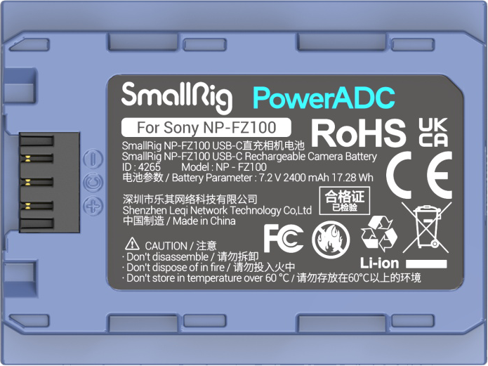 SMALLRIG 4265 USB-C RECHARGABLE NP-FZ100 BATTERY