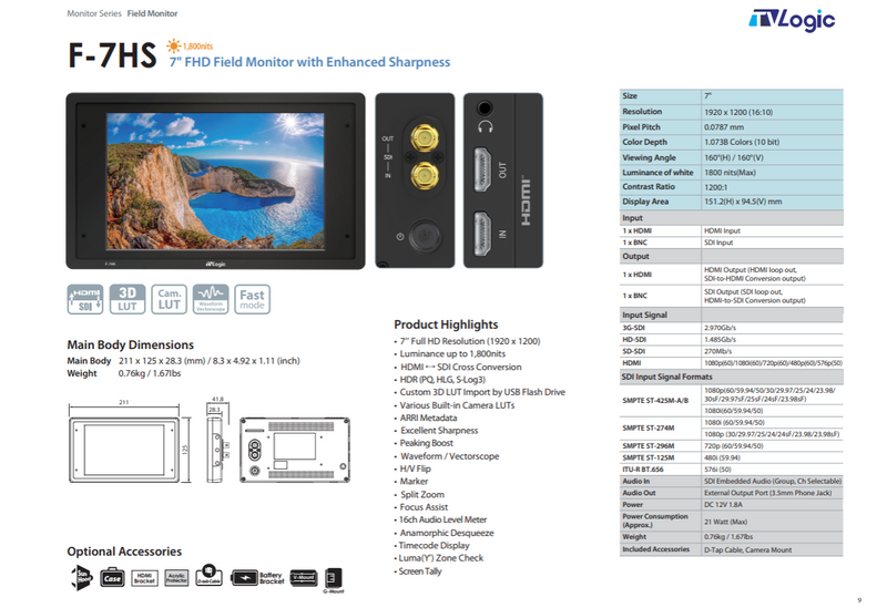 TVLogic F-7HS, 7" FHD FIELD MONITOR WITH ENHACED SHARPNES